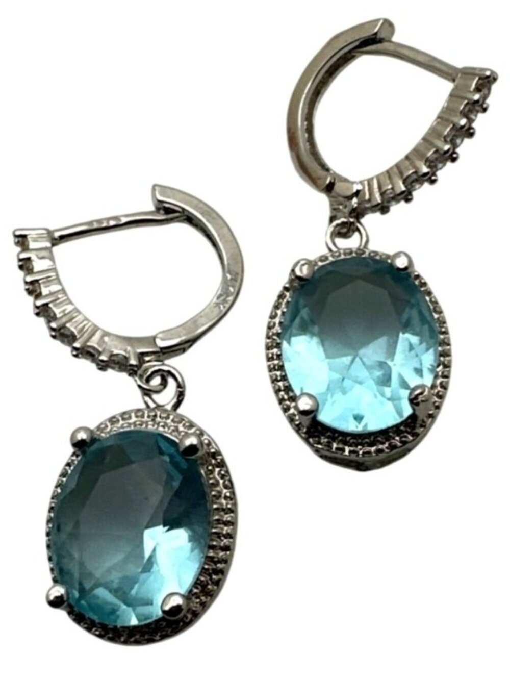 Elegant Blue Faceted Aquamarine Drop Earrings Sparkling Crystals Oval Bridal